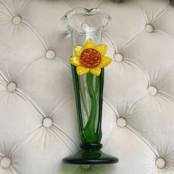 Handmade Blown Glass Flower Bud Vase Sunflower And Stems 10" Tall - Picture 2 of 5